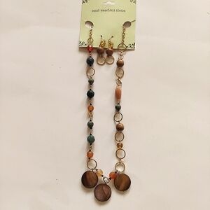 NWT Necklace & Pierced Earrings  Semi-Precious Stones, Wood, Acrilic Goldtone